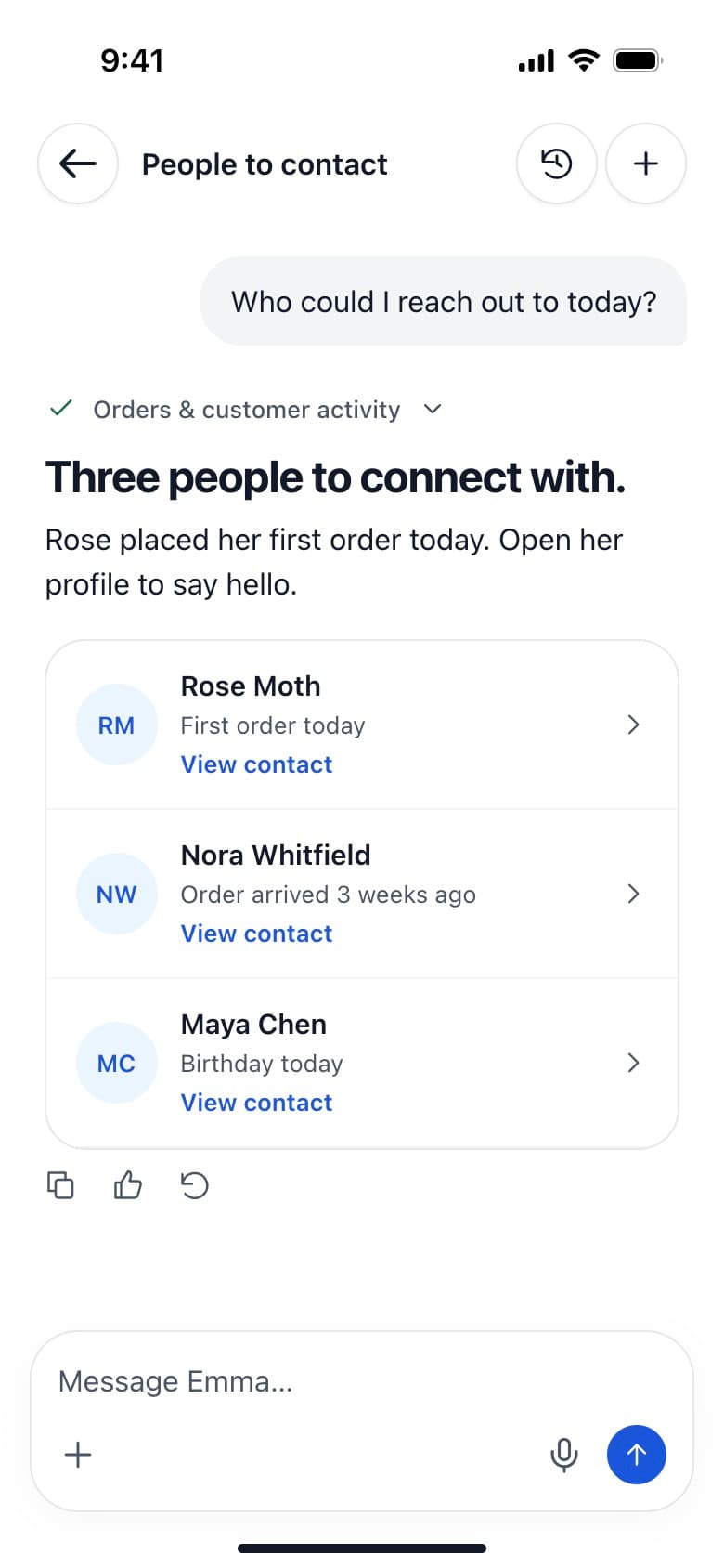 Emma assistant suggesting three people to connect with today