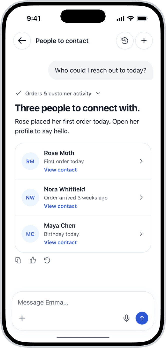Emma Assistant answer: three people to connect with, each linked to their contact