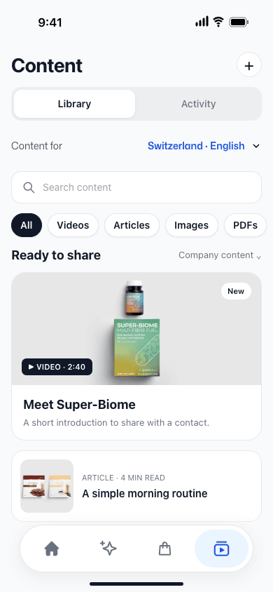 Emma content library filtered for Switzerland · English, with videos, articles, images and PDFs ready to share
